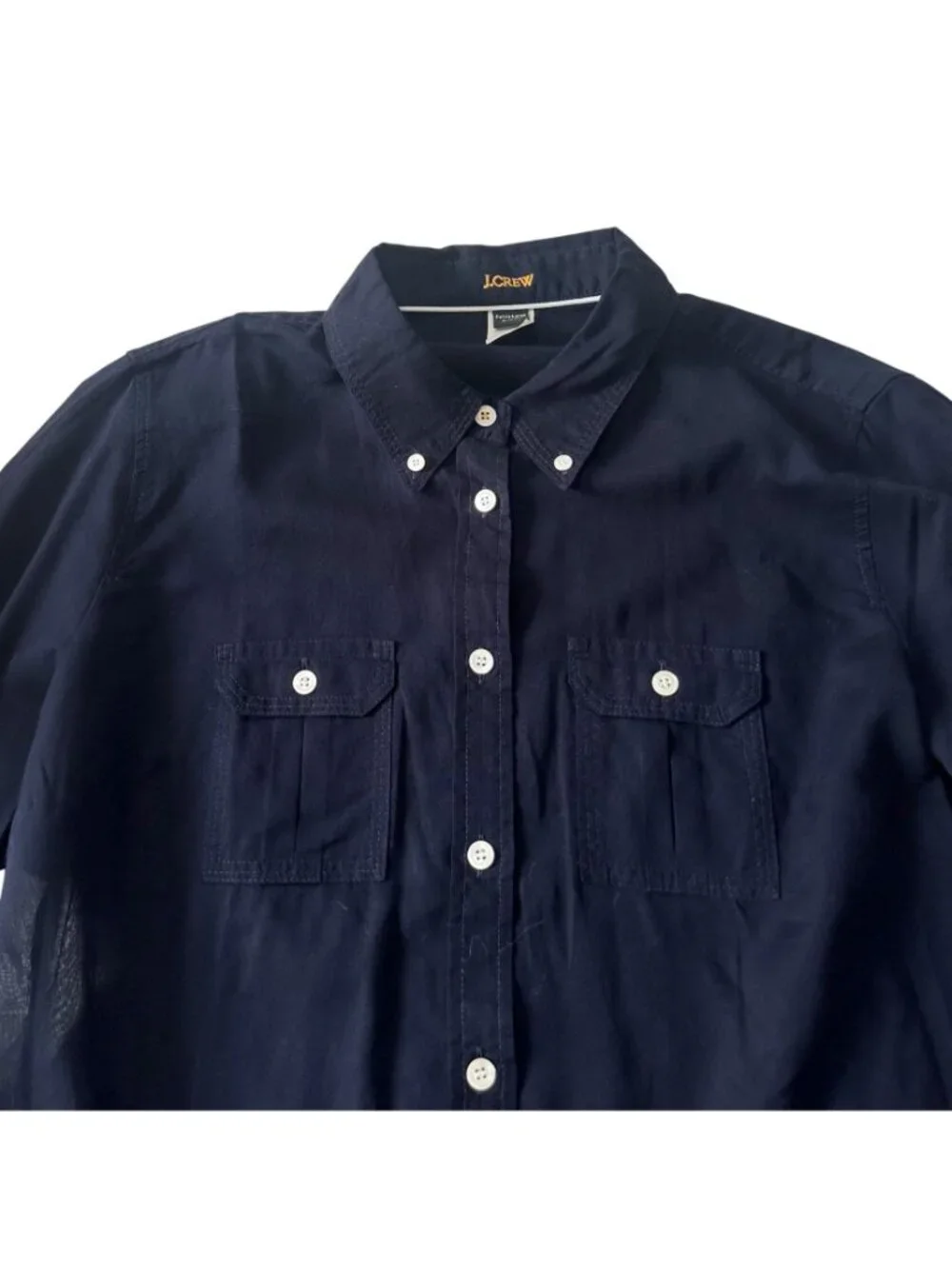 J.Crew Vintage Navy Cotton Utility Shirt Roll Tab Sleeves Petite Large